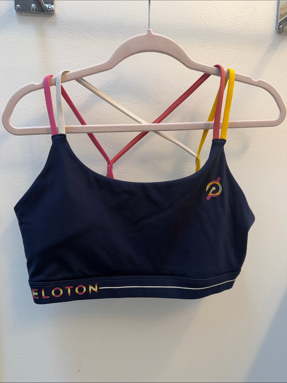 Peloton Navy Sports Bra with Pink, Yellow & Cream Straps
